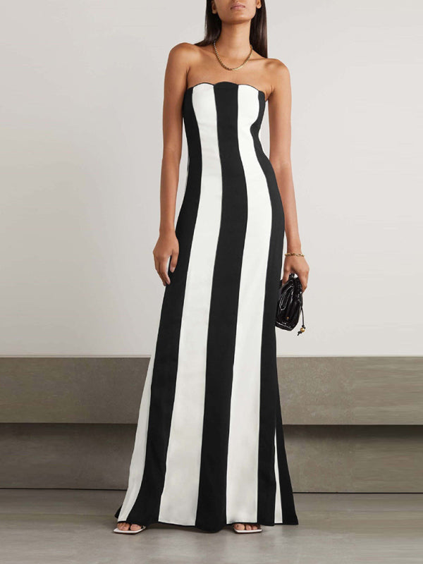 Strapless black and white striped  dress