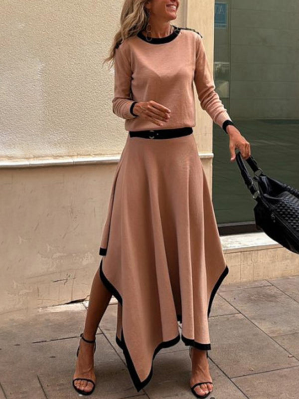 Long-sleeve irregular solid color  two-piece set