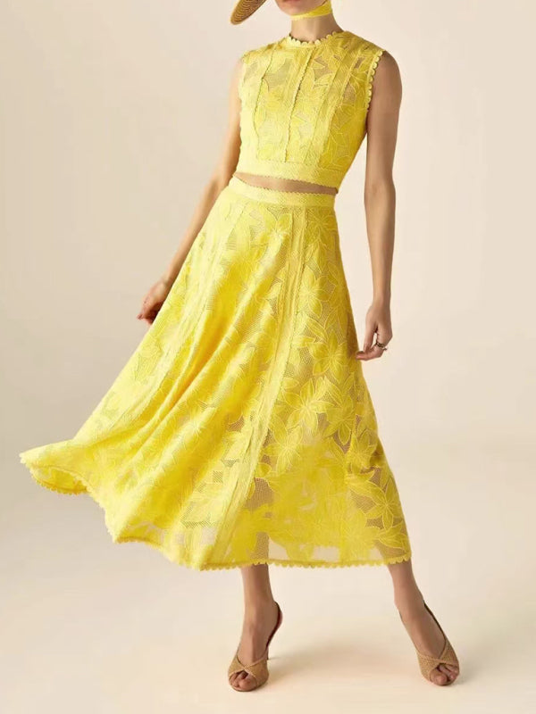 Women's  Round Neck Sleeveless Top + High Waist Embroidered Skirt Set