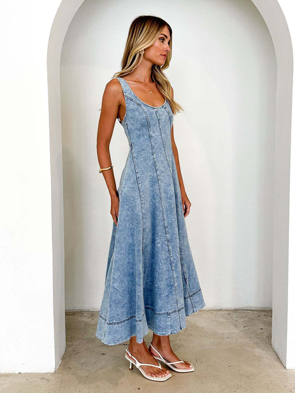 Sleeveless Backless Midi Strap Long Denim Dress