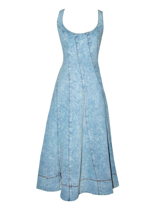 Sleeveless Backless Midi Strap Long Denim Dress