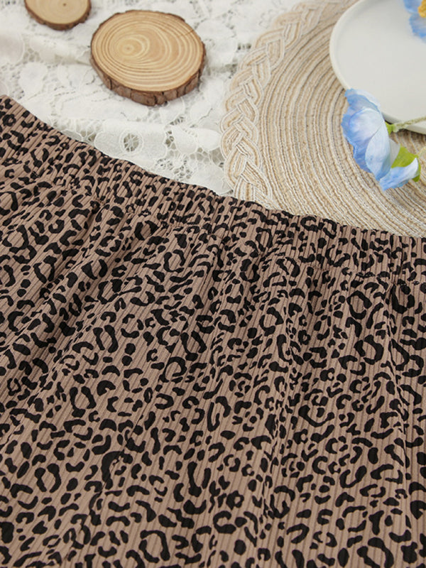 Women’s Leopard-Print Round-Neck Short-Sleeve Shorts Pajama Set