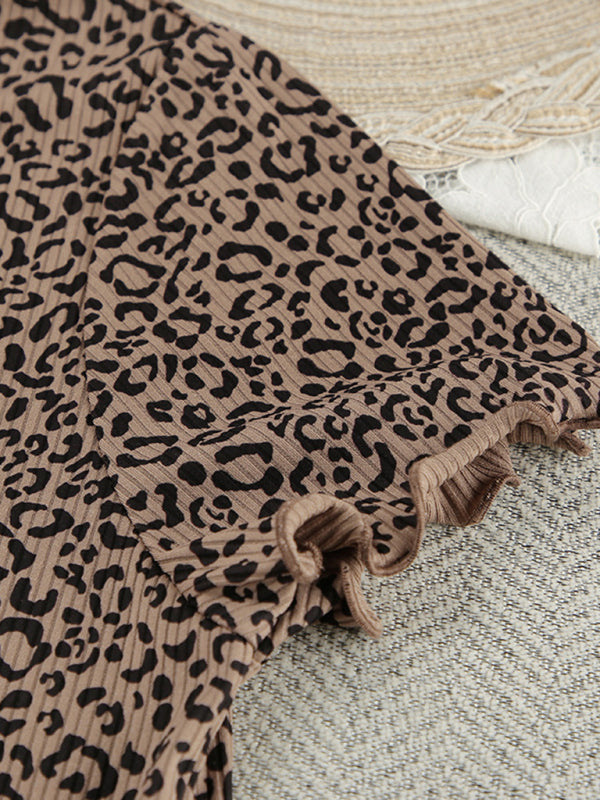 Women’s Leopard-Print Round-Neck Short-Sleeve Shorts Pajama Set