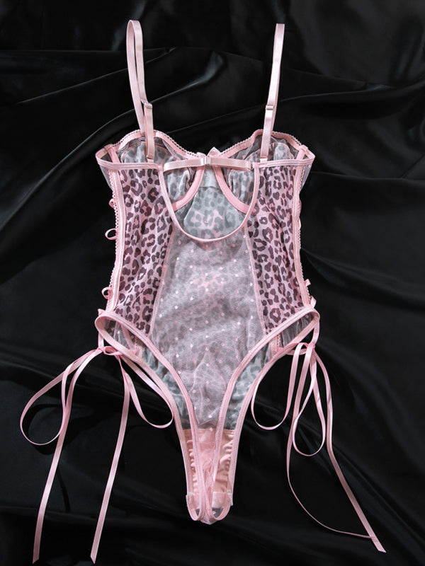 Leopard print polka dot perspective backless suspender bodysuit