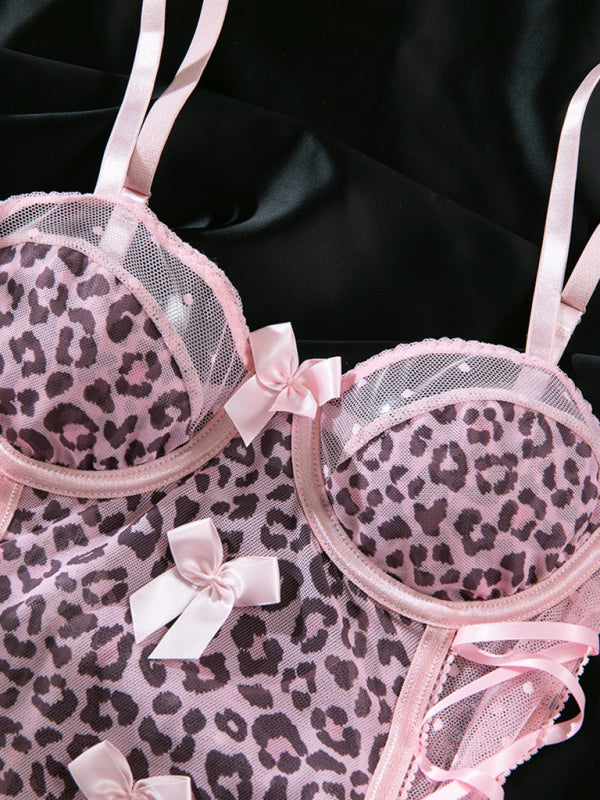 Leopard print polka dot perspective backless suspender bodysuit