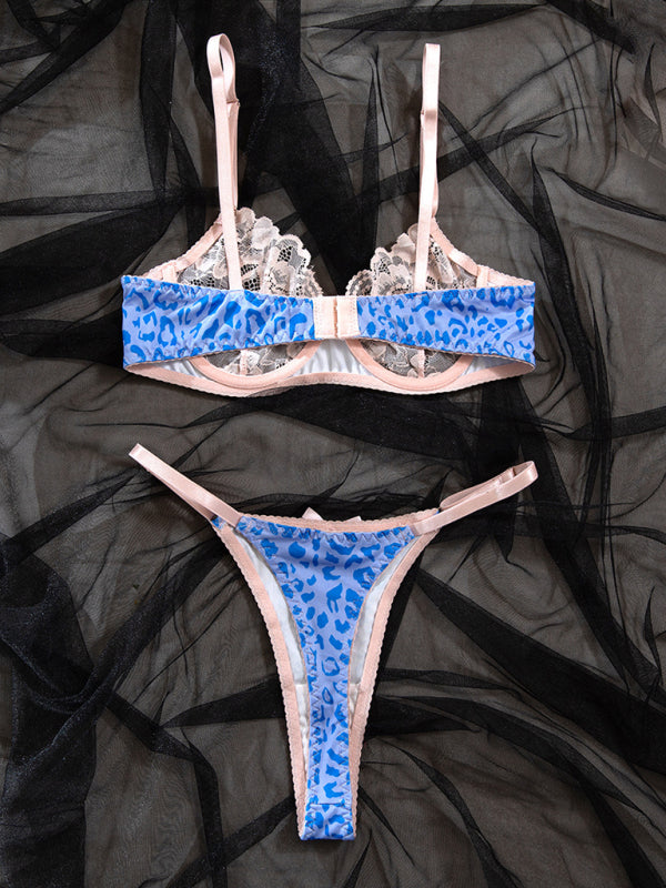 Ultra-Thin Lace Underwire Lingerie Set – Light Pink & Blue Leopard Print