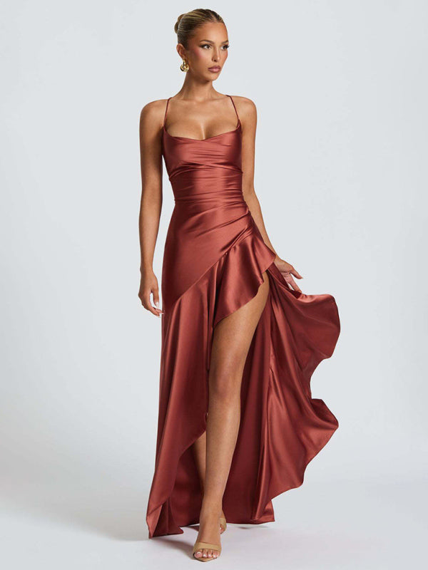 Halter dress with a ruffled, irregular hem.