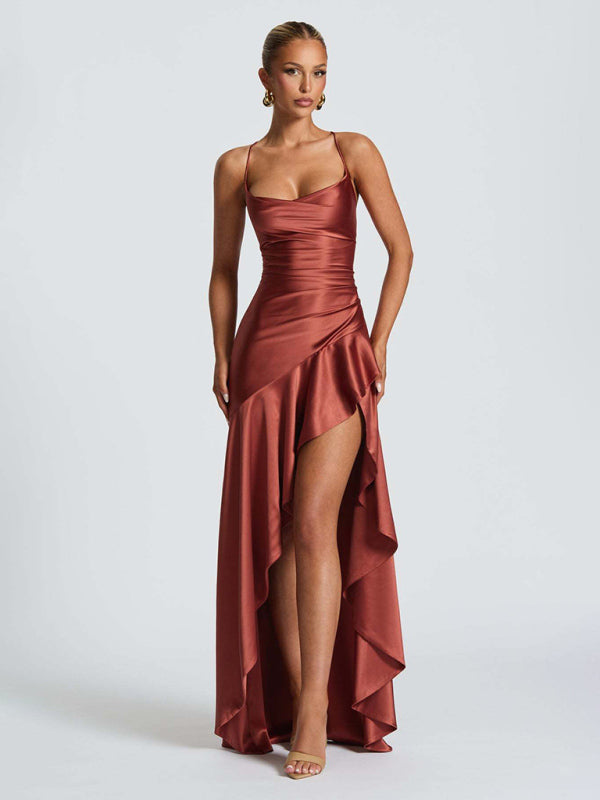 Halter dress with a ruffled, irregular hem.