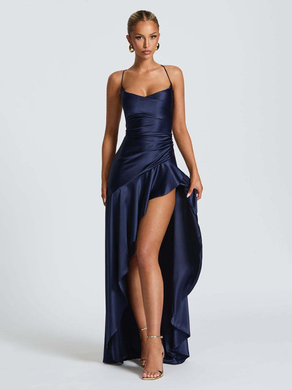 Halter dress with a ruffled, irregular hem.