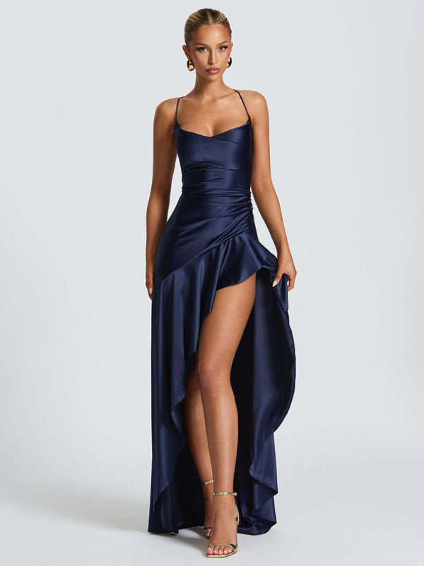 Halter dress with a ruffled, irregular hem.