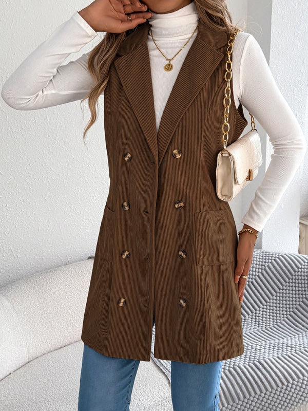 Solid color double-breasted pocket corduroy long vest coat