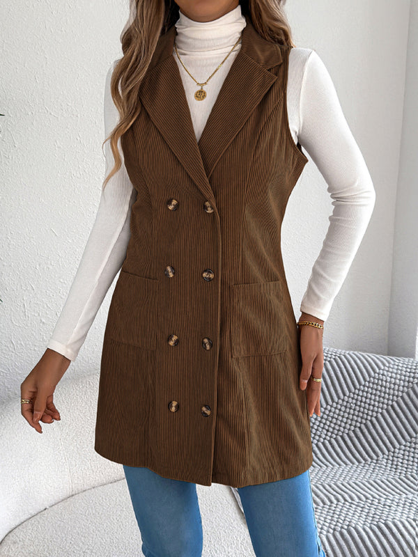 Solid color double-breasted pocket corduroy long vest coat