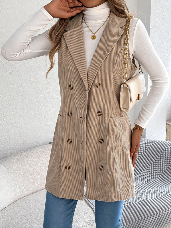 Solid color double-breasted pocket corduroy long vest coat