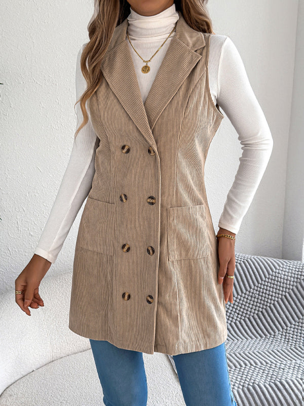 Solid color double-breasted pocket corduroy long vest coat