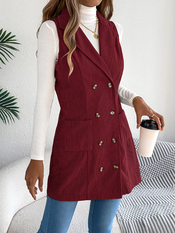 Solid color double-breasted pocket corduroy long vest coat