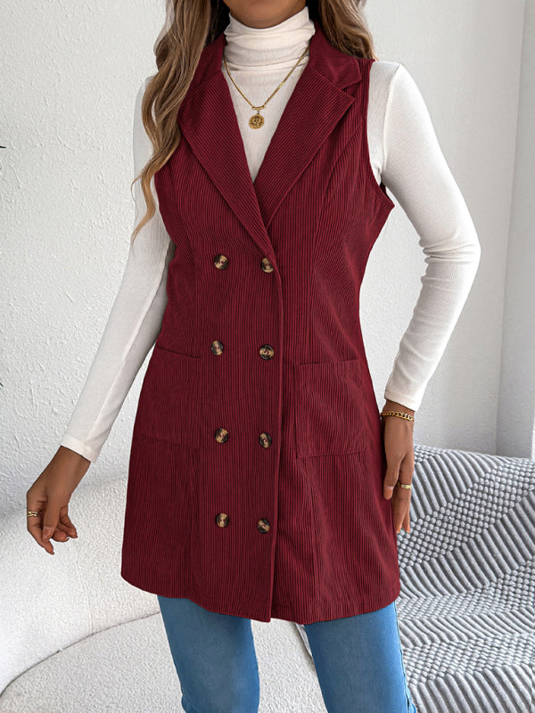 Solid color double-breasted pocket corduroy long vest coat