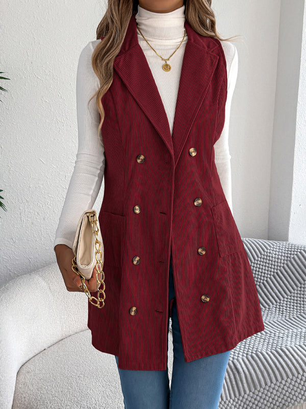 Solid color double-breasted pocket corduroy long vest coat