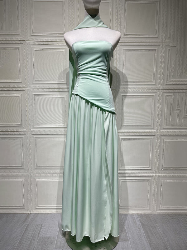 Green tube top solid color open back slit dress