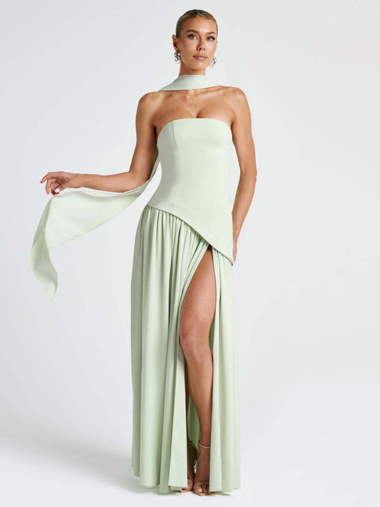 Green tube top solid color open back slit dress