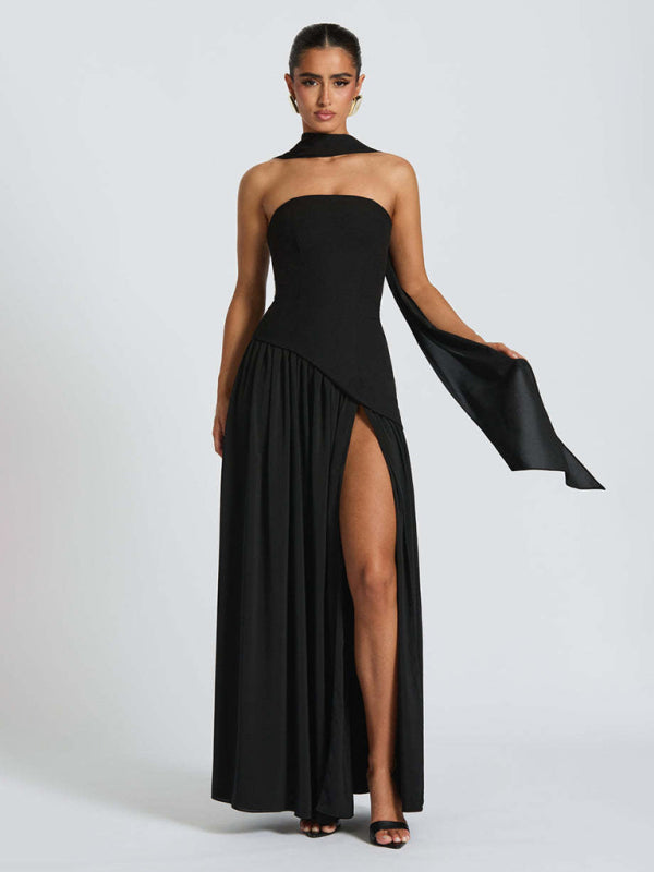 Strapless Solid-Color Maxi Dress with Open Back & Slit