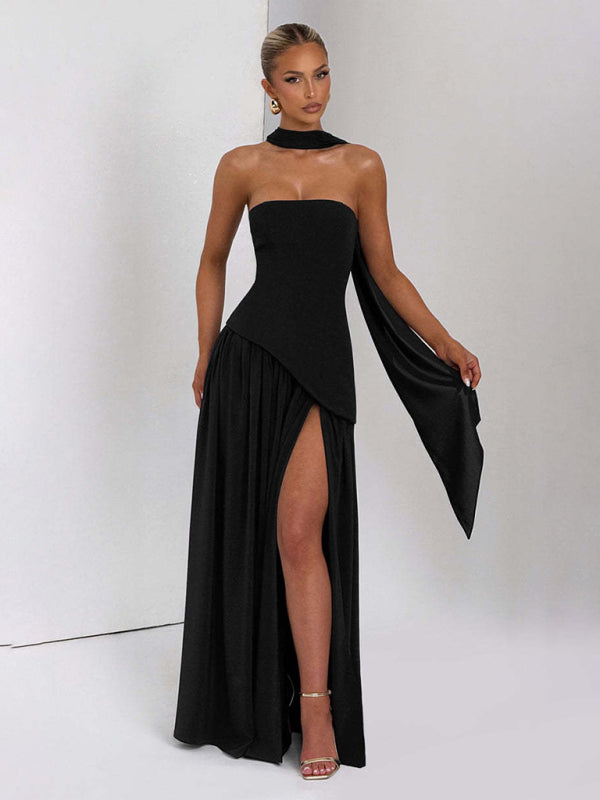 Strapless Solid-Color Maxi Dress with Open Back & Slit