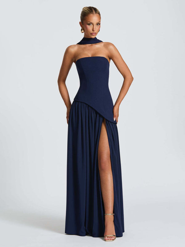 Strapless Solid-Color Maxi Dress with Open Back & Slit