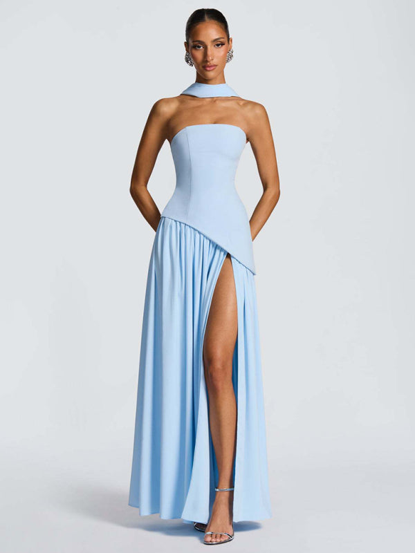 Strapless Solid-Color Maxi Dress with Open Back & Slit