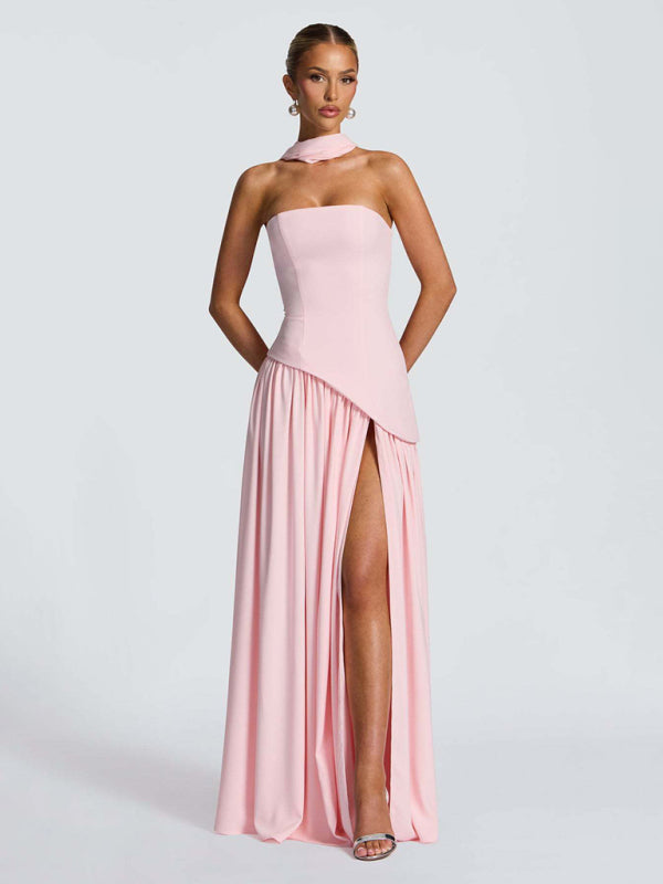 Strapless Solid-Color Maxi Dress with Open Back & Slit