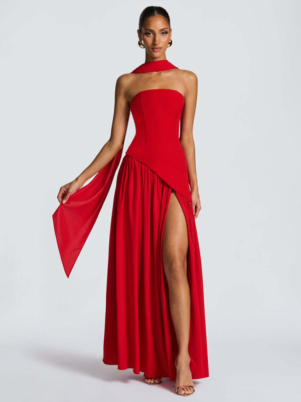 Strapless Solid-Color Maxi Dress with Open Back & Slit