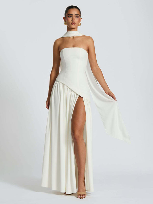 Strapless Solid-Color Maxi Dress with Open Back & Slit