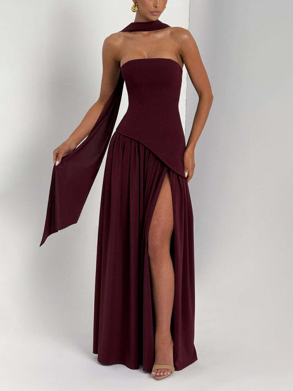 Strapless Solid-Color Maxi Dress with Open Back & Slit