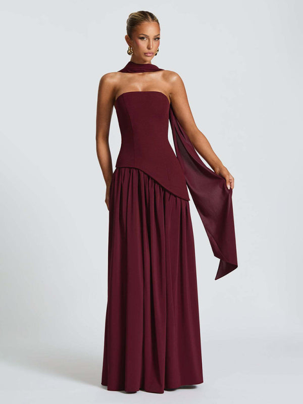 Strapless Solid-Color Maxi Dress with Open Back & Slit