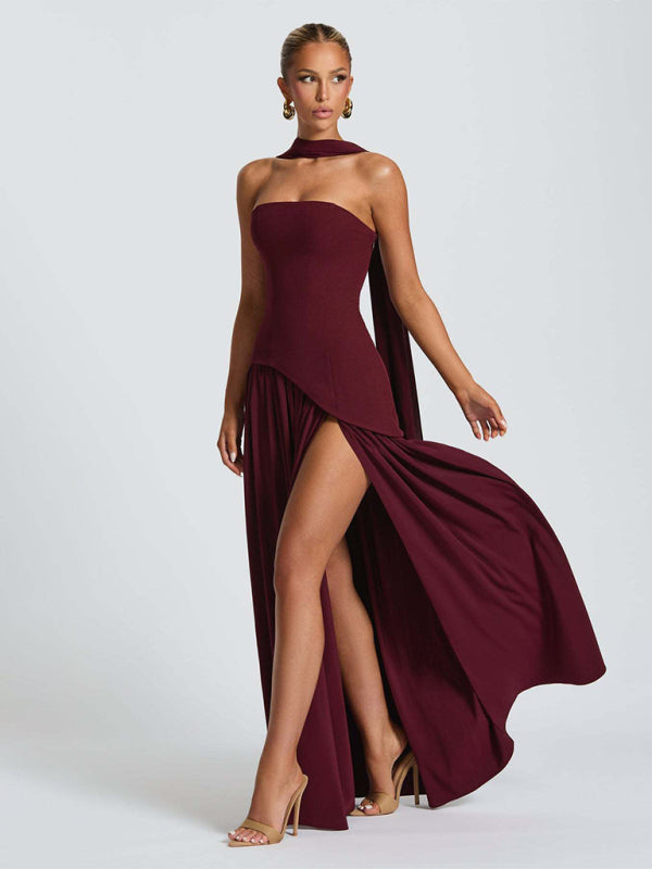 Strapless Solid-Color Maxi Dress with Open Back & Slit