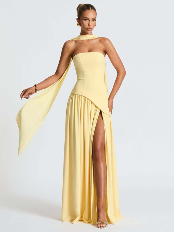 Strapless Solid-Color Maxi Dress with Open Back & Slit