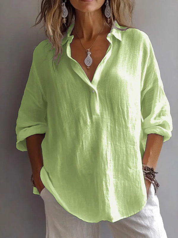 New solid color casual loose button V-neck shirt