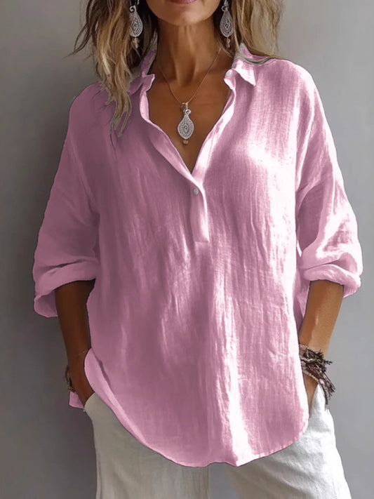 New solid color casual loose button V-neck shirt