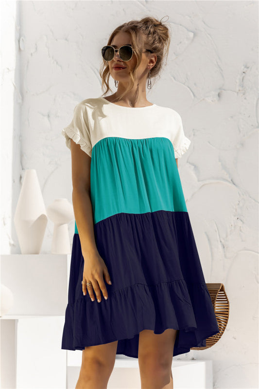 Women's Color Block Loose Short Sleeve  Shirt Dress